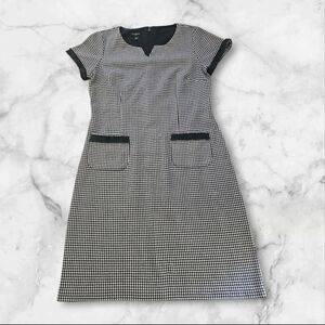 Talbots Petites 6P Houndstooth Sheath Dress Black White Lined Stretch Career